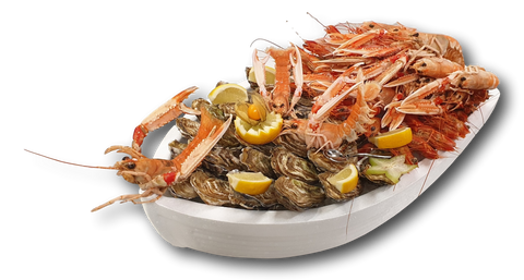 Bateau fruits de mer garni d’huîtres, gambas, langoustines, bulots et citron pour deux personnes