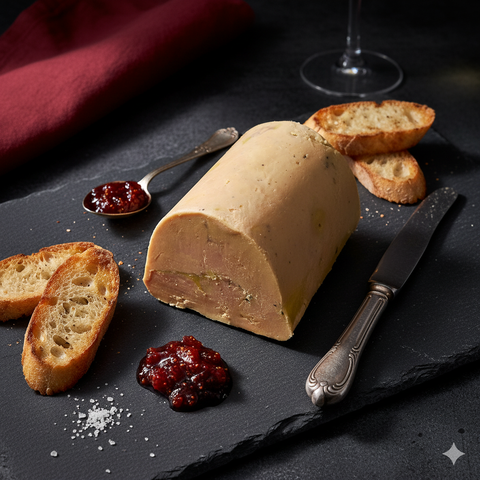 Foie gras Chasselas mi-cuit accompagné de toasts grillés et confiture, présentation sur ardoise noire.