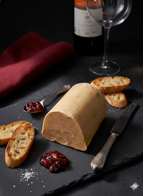 Foie gras Chasselas mi-cuit artisanal avec toasts et confiture fine sur ardoise élégante