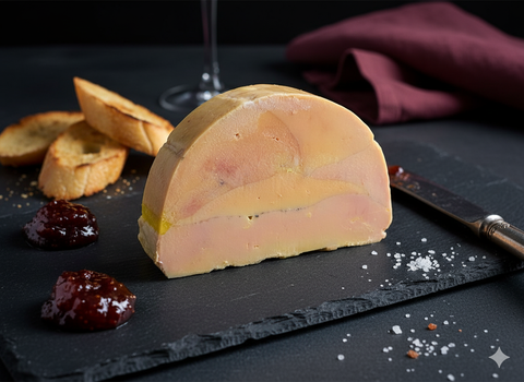 Foie gras Chasselas mi-cuit artisanal avec toasts et confit sur ardoise noire