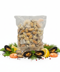 Pack of premium frozen Mélange de Fruits de Mer with mussels, shrimp, squid, clams, and lemon garnish