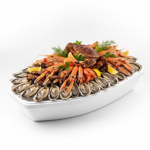 Bateau fruits de mer pour 2 personnes avec huîtres, gambas, langoustines, bulots, couteaux, amandes, bigorneaux et pinces de crabe fraîcheur garantie.