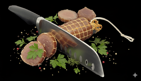 Saucisson de thon fumé artisanal tranché avec herbes et épices sur fond noir