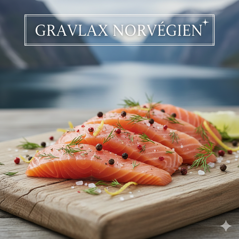 Saumon mariné norvégien frais à l'aneth avec baies et sel sur planche en bois, paysage montagneux en arrière-plan