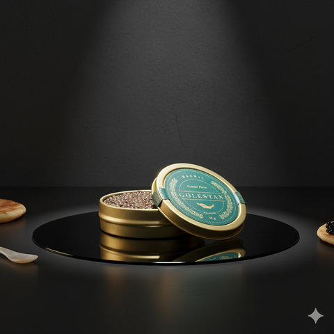 Caviar Golestan Iran en boîte dorée élégant présenté sur plateau noir, luxe et tradition persane