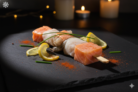 Brochettes saveurs et grillade de poissons frais sur ardoise avec citron et épices, ambiance bougies