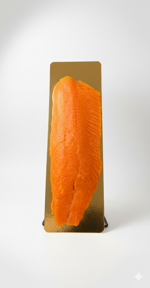 Filet de saumon fumé écossais artisanal, texture ferme et fondante, sans conservateurs, présenté sur support doré.