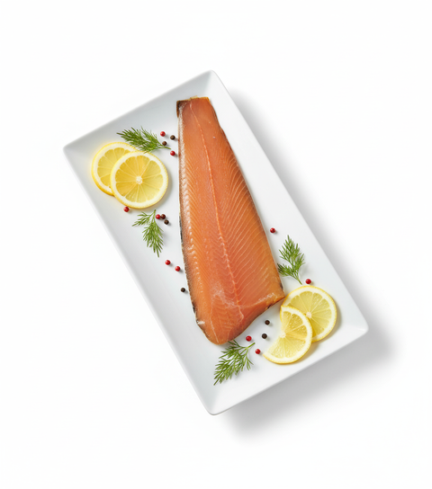 Truite fumée à froid filet rose saumon sur assiette avec citron et aneth, préparée en France sans additifs.