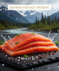 Saumon fumé sauvage Sockeye en fines tranches avec décor naturel montagneux et épices sur ardoise noire