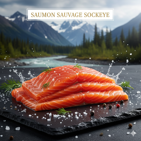 Saumon fumé sauvage Sockeye en fines tranches avec décor naturel montagneux et épices sur ardoise noire