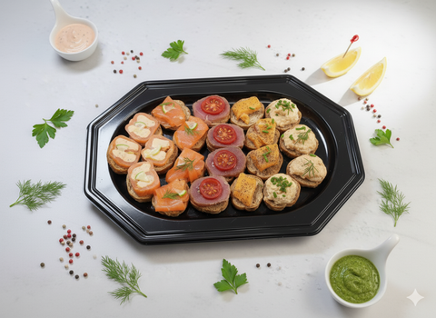 Plateau de mini canapés variés aux poissons fumés sur pain multigrain artisanal avec garnitures fraîches et sauces d'accompagnement