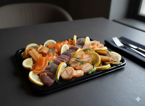 Plateau découverte mélange fumé avec assortiment de poissons fumés, saumon, truite, omble, décoré de tranches de citron et aneth, présenté sur table élégante