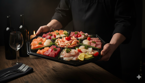 Plateau de fondue de poissons frais assortis avec saumon, thon, crevettes et garnitures présenté pour dégustation conviviale