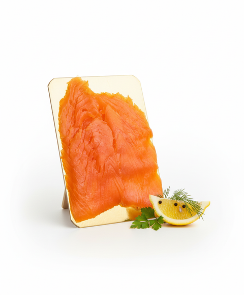Saumon Fumé Ecossais artisanal en tranches fines avec garniture de citron, aneth et persil sur support doré