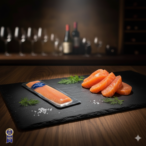 Saumon fumé norvégien artisanal médaillé d'or, tranches fines avec herbes et sel de mer sur ardoise noire.