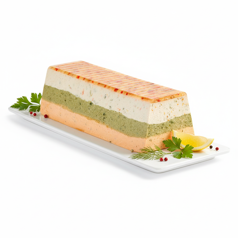 Terrine de poissons artisanale en couches colorées, servie avec citron et herbes fraîches sur assiette blanche.
