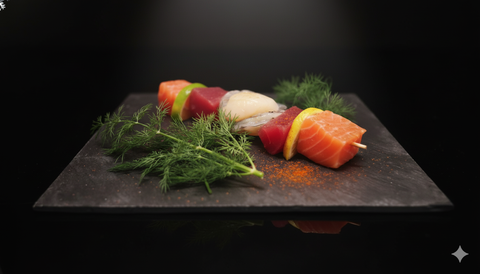 Brochettes saveurs et grillade de poissons frais sur ardoise noire avec herbes fraîches