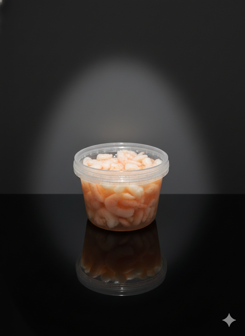 Pot transparent de crevettes cocktails cuites en saumure MSC de 150g, origine Danemark.