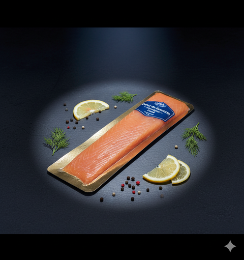 Filet de saumon fumé écossais artisanal emballé avec tranches de citron et herbes fraîches sur fond noir