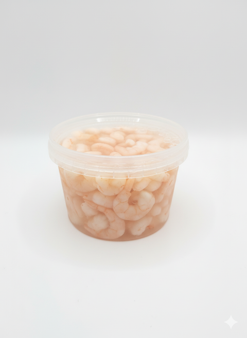 Pot transparent de crevettes cocktails en saumure MSC de 150g, prêtes à déguster