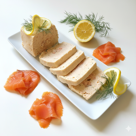 Terrines de poissons artisanales tranchées servies avec citron, aneth et saumon fumé sur plateau blanc, élégance et fraîcheur.
