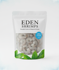 Emballage de gambas décortiquées Eden Shrimps 1kg, crevettes bio élevées durablement en mangroves, sans additifs chimiques, sur fond blanc.