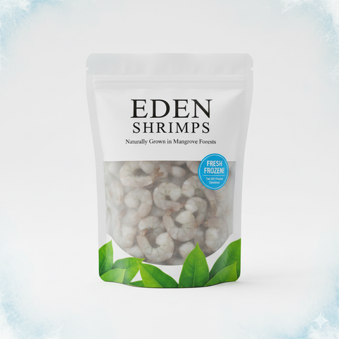 Emballage de gambas décortiquées Eden Shrimps 1kg, crevettes bio élevées durablement en mangroves, sans additifs chimiques, sur fond blanc.