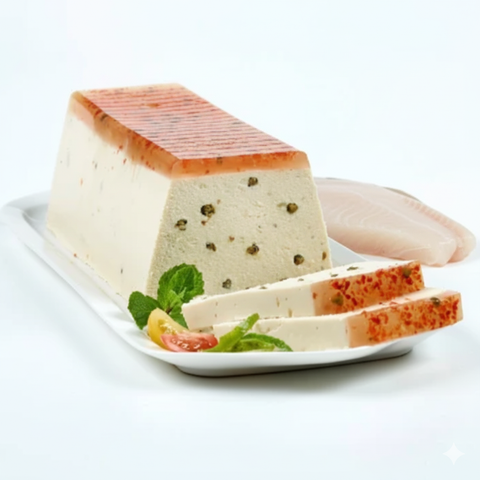 Terrine de poissons artisanale tranchée avec herbes et légumes frais sur assiette blanche.