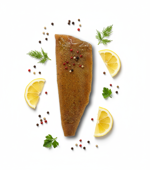 Truite fumée Suisse poivre au citron avec tranches de citron, herbes fraîches et grains de poivre colorés.