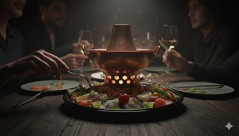 Fondue de poissons frais avec saumon, cabillaud, lotte et crevettes autour d'un caquelon en cuivre, ambiance conviviale