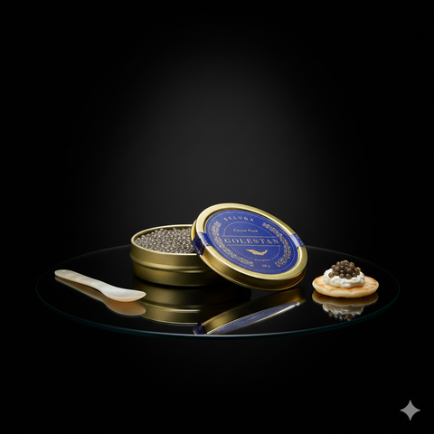 Caviar Golestan Iran in gold tin with serving spoon and cracker on black reflective surface