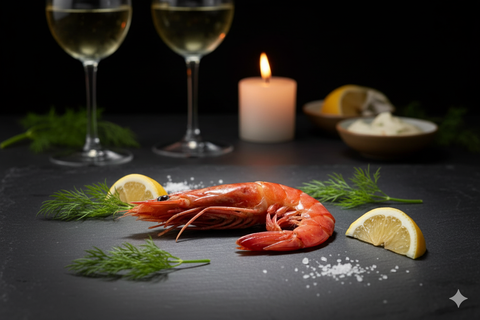 Gambas cuite bio servie avec citron et herbes fines sur table noire avec bougies et verres de vin blanc