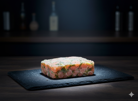 Frozen salmon tartare with dill on black slate plate