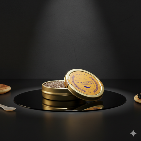 Boîte de caviar Golestan Iran sur plateau noir avec canapé apéritif élégant