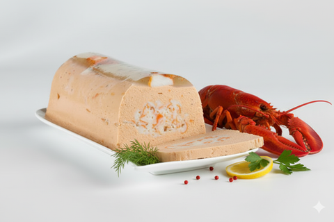 Terrine de poissons artisanale avec morceaux de crustacés, accompagnée d'un homard, citron et herbes fines sur plat blanc