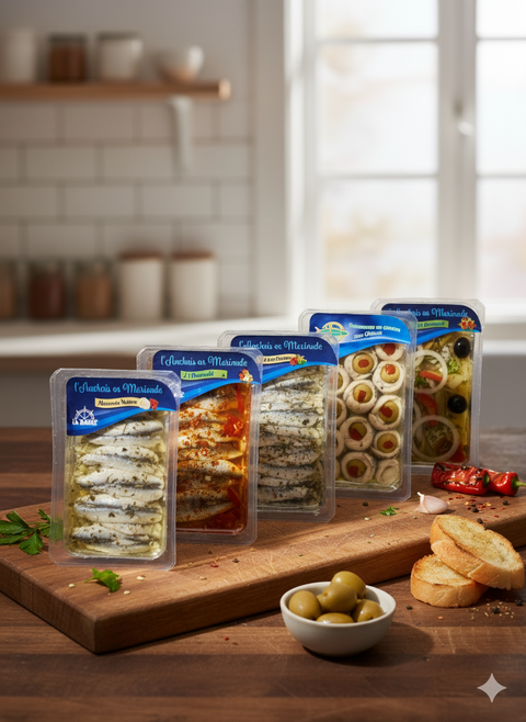 Assortment of marinated anchovy fillets in oil with various flavors displayed on wooden board with bread and olives