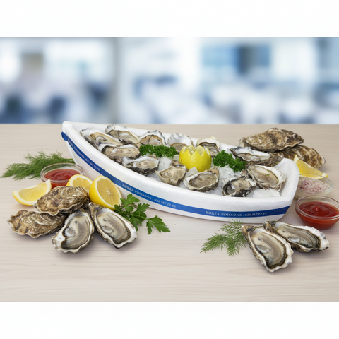 Fresh Les Huîtres oysters served on a tray with lemon wedges, parsley, and dipping sauces