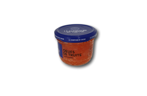 Pot de 90 grammes d'oeufs de truite pasteurisés avec couvercle bleu Le Comptoir du Caviar