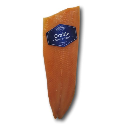 Filet d'omble fumé à chaud avec chair rose saumon et goût fin, fumé lentement au bois de hêtre.