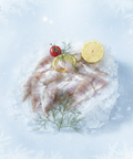 Frozen Estonian perch fillets on ice with lemon, dill, and cherry tomato garnish