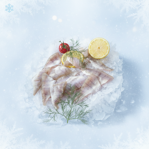 Frozen Estonian perch fillets on ice with lemon, dill, and cherry tomato garnish