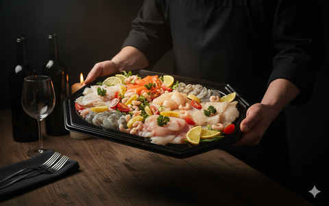 Plancha de poissons gourmet platter with fresh salmon, cod, monkfish, tuna, scallops, haddock, sea bass, shrimp, and lemon garnishes on black tray