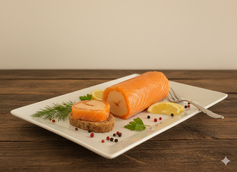 Roulade fait maison au saumon écossais frais et fumé, garnie de crème sans lactose, servie sur toast avec citron et herbes fraîches.