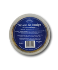 Salade de poulpe maison en pot de 150g avec étiquette bleue, recette traditionnelle depuis 1986, ingrédients naturels, sans conservateurs, produit artisanal suisse.