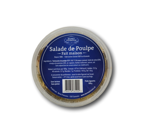 Salade de poulpe maison en pot de 150g avec étiquette bleue, recette traditionnelle depuis 1986, ingrédients naturels, sans conservateurs, produit artisanal suisse.