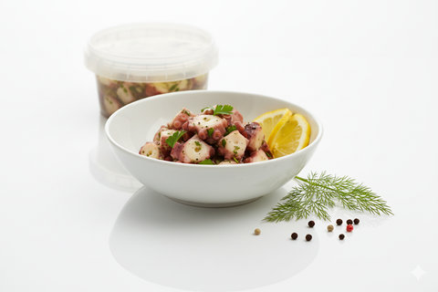 Fresh homemade salade de poulpe with lemon and herbs in white bowl and container behind on white background
