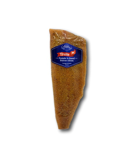 Filet de truite fumée Suisse à chaud goût poivre citron, chair ferme et rose saumon