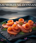 Saumon fumé écossais artisanal tranché en roses et fines tranches avec aneth sur ardoise noire.