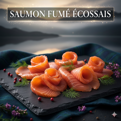 Saumon fumé écossais artisanal tranché en roses et fines tranches avec aneth sur ardoise noire.
