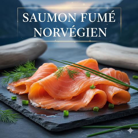 Saumon fumé norvégien artisanal en fines tranches avec herbes fraîches sur ardoise noire